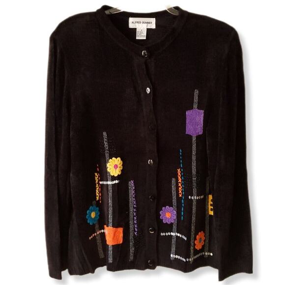 VTG 90s Black Floral Beaded Chenille Cardigan Sweater S M Artsy Cottage Granny - Picture 12 of 12